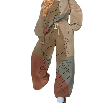 Zestaw jesienny damski dres dwuczęściowy z nadrukiem kreskówki - sweter i szerokie spodnie