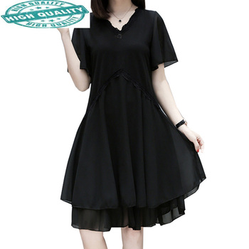 Czarna sukienka letnia z szyfonu Plus Size Party w stylu koreańskim - rozmiar 5XL KJ2224