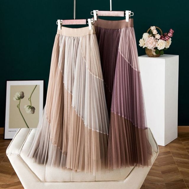 Damska plisowana spódnica z tiula w kontrastowym kolorze o wysokiej tali i linii Mesh - elegancka, długa, koreańska Casual Tutu Jupe Faldas - tanie ubrania i akcesoria