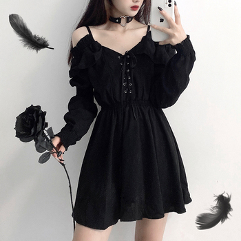 Oryginalna sukienka Devil Girl - czarna, wiosenna/jesienna, o wysokiej talii, na ramię, z długim rękawem, gotycka, inspirowana stylem hot