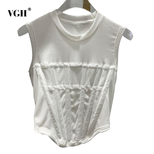 Biała koszulka VGH Casual bez rękawów dla kobiet - O-neck, patchwork, koreański styl, slim fit - lato 2021 - tanie ubrania i akcesoria