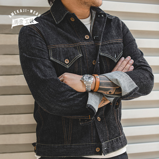 Męska kurtka w stylu retro denim z niebieskim wzorem Maden w casualowym, streetwearowym stylu Crowboy Harajuku Vintage - tanie ubrania i akcesoria
