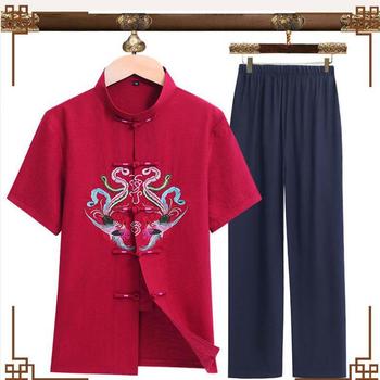 Zestaw Kung Fu w stylu chińskim dla mężczyzn - bawełniana pościel Tang z krótkim rękawem i spodnie Kung Fu z haftem, idealne jako streetwear
