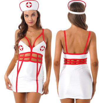 Seksowny strój pielęgniarki - bielizna nocna z wycięciami i kapeluszem do roli lub Cosplayu