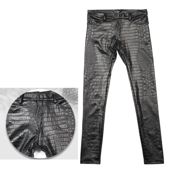 Męskie obcisłe spodnie motocyklowe z intaglio 3D drukiem łuszczącego się krokodyla na kroku - czarne PU skórzane spodnie