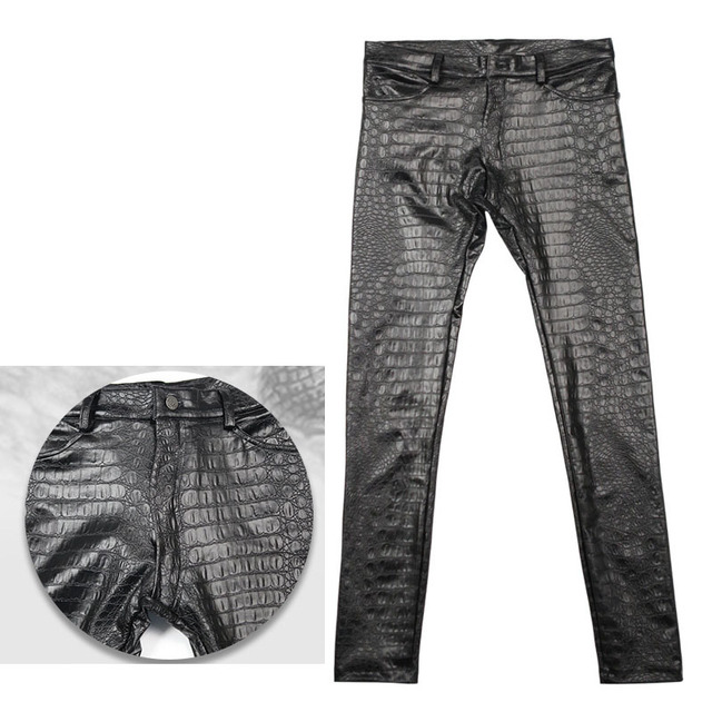 Męskie obcisłe spodnie motocyklowe z intaglio 3D drukiem łuszczącego się krokodyla na kroku - czarne PU skórzane spodnie - tanie ubrania i akcesoria