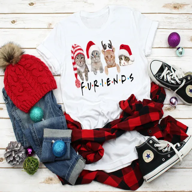 Koszulka bawełniana Furiends Cat z grafiką Mama, rozmiar Plus, krótki rękaw, świąteczny design - tanie ubrania i akcesoria