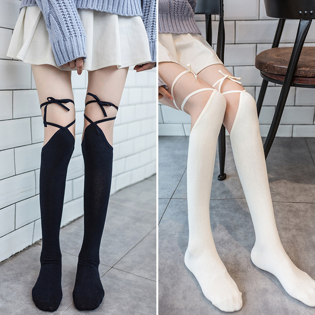 Kobiece podkolanówki Lolita Cross-tie - długa rurka, jednolite łydki, japoński styl - tanie ubrania i akcesoria