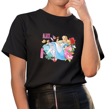 Nowa graficzna czarna koszulka damska Alicja w krainie czarów Cheshire Cat Disney Kawaii 90s Unisex