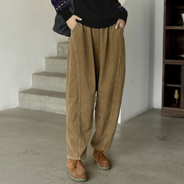 Johnature jednokolorowe damskie sztruksowe spodnie Vintage, casual, miękkie, jesienne, z kieszeniami i pasem - tanie ubrania i akcesoria