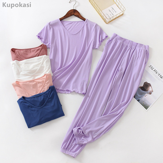 Letnia piżama zestaw dla kobiety modalne Casual Solid Color 2 sztuki piżamy z krótkim rękawem eleganckie - tanie ubrania i akcesoria