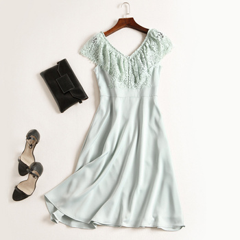 Vintage sukienka letnia dla kobiet, elegancka sukienka szyfonowa z koronką, z dekoltem V i falbanami, długa sukienka na imprezę Vestidos 93131