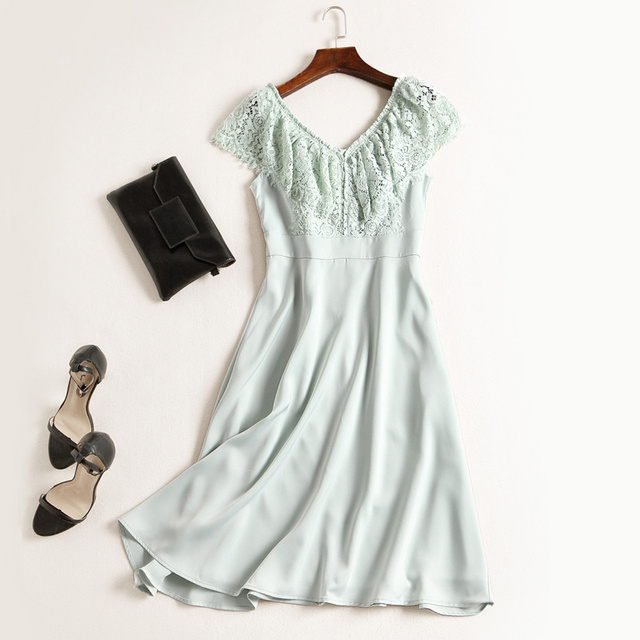 Vintage sukienka letnia dla kobiet, elegancka sukienka szyfonowa z koronką, z dekoltem V i falbanami, długa sukienka na imprezę Vestidos 93131 - tanie ubrania i akcesoria