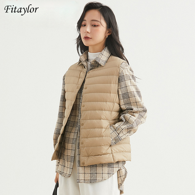 Kurtka damska zimowa Fitaylor - cienki dół, krótka kamizelka, bezrękawnik, puch kaczy 90%, kolor biały - tanie ubrania i akcesoria