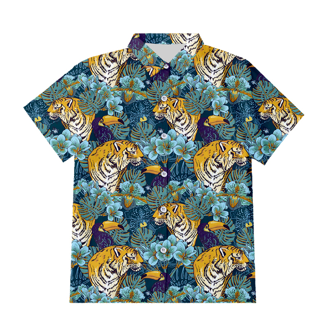 Nowa koszula nieformalna z krótkim rękawem - wzór 3D tygrysy, ptaki, liście - tanie ubrania i akcesoria