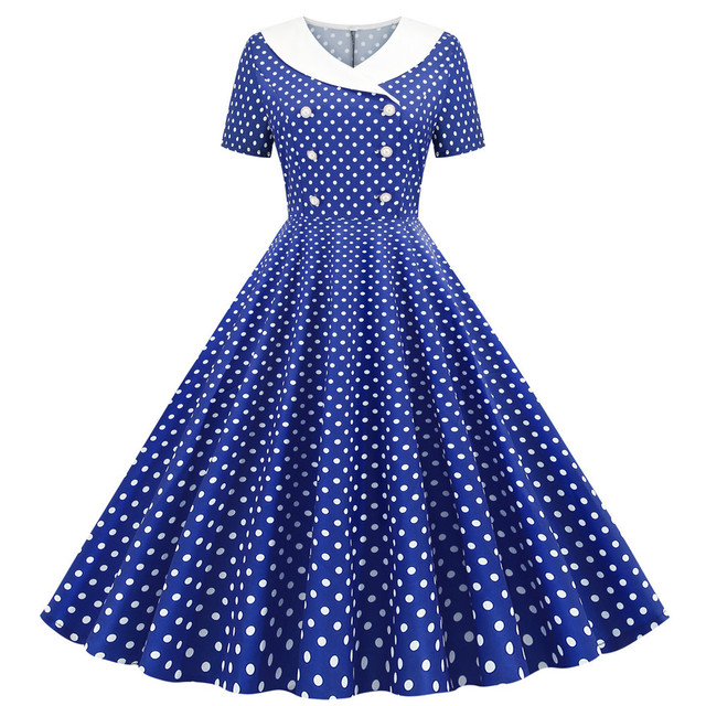 Sukienka Vintage kobiety z niebieskimi kropkami w stylu Retro z lat 50. i 60 - tanie ubrania i akcesoria