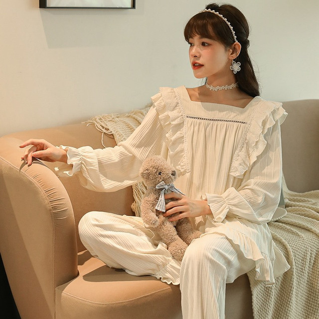 Zestaw 2-sztukowy piżam bawełnianych dla kobiet z długim rękawem: topy i spodnie bielizny nocnej Plus rozmiar Homewear - tanie ubrania i akcesoria