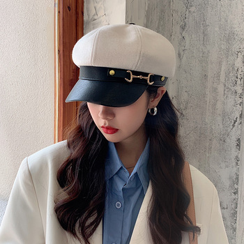 Kapelusz dla kobiet Beret w stylu koreańskim - 2021 nowa moda, skórzane, rondo ośmiokątne, ciepłe na zimę, z wełny - Sailor, brytyjski kapelusz malarza