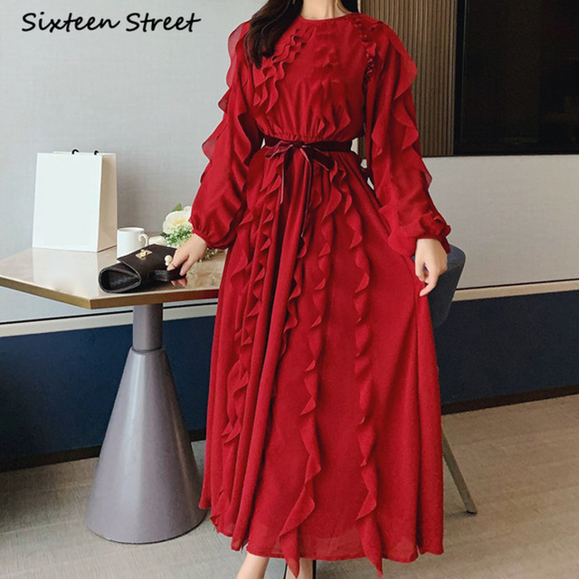 Modna O-neck sukienka Maxi z długim rękawem, wysokiej jakości, koreańskiego designu, Y2k, w stylu vintage - elegancka propozycja dla kobiet na jesień - tanie ubrania i akcesoria