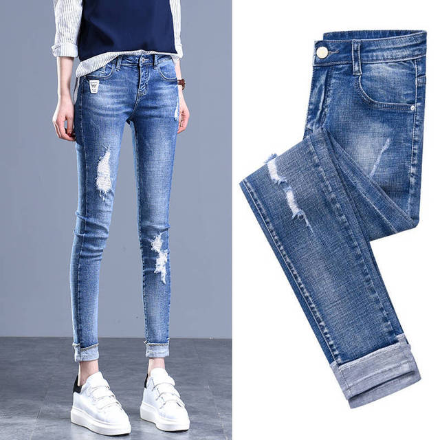 Wiosna i jesień - Kobiety - Niebieskie, wysoki stan - Porwane jeansy - Koreańska moda - Trudna sytuacja - Fringe - Stretch - Obcisłe - Dżinsy rurki - Ołówkowe - tanie ubrania i akcesoria