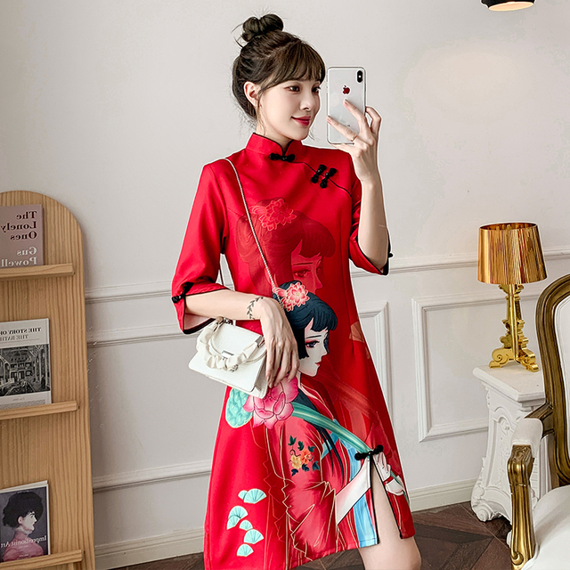 Kobiety ulepszona sukienka Qipao w stylu chińskim, pół rękawa, stojak kołnierz, z rozcięciem, w retro stylu, w kolorowym chińskim wzorze, plus size - tanie ubrania i akcesoria