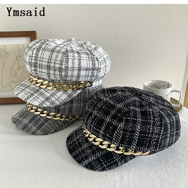 Wysokiej jakości wełniana czapka beret Vintage Plaid dla kobiet – styl artystyczny z nutką retro na jesień i zimę - tanie ubrania i akcesoria