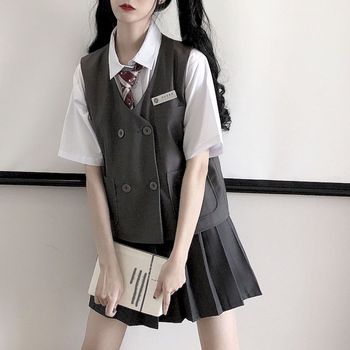 Letnie kostiumy damskie trzyczęściowy zestaw garniturów - jednolity uczeń i uczennica, koreański styl, składa się z koszuli z kamizelką i plisowanej spódnicy - Szkolne mundurki