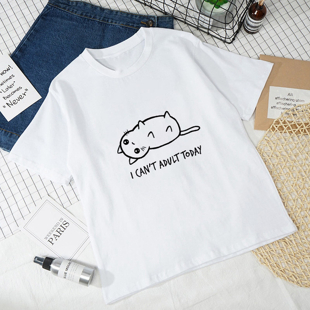 T-shirt damski Kawaii Cat - biały, casual, z krótkim rękawem - tanie ubrania i akcesoria