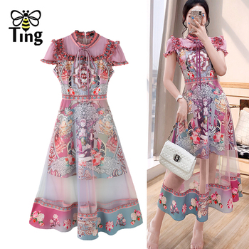 Elegancka sukienka vintage w różowy kwiatowy nadruk, midi długość, stylowy Retro Boho - Tingfly