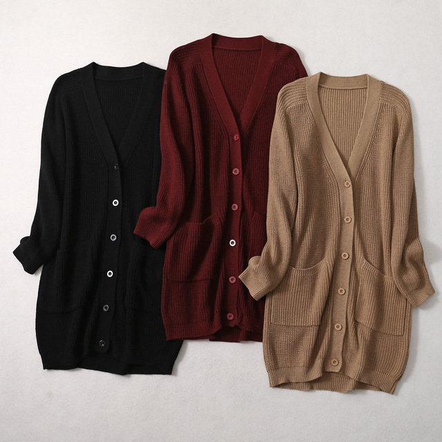 Długi sweter damski z grubymi guzikami i kieszeniami, wykonany z mieszanki kaszmiru i prawdziwego jedwabiu - V neck (LY015) - tanie ubrania i akcesoria