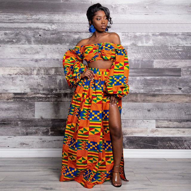 Sukienka Dashiki z afrykańskim nadrukiem i spódnica - zestaw 2 części tradycyjnej odzieży africaine dla kobiet - tanie ubrania i akcesoria