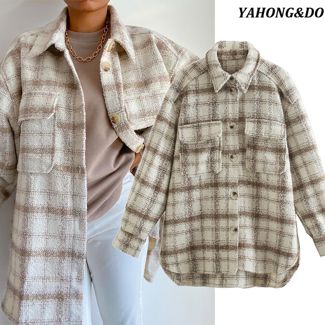 Płaszcz kobiecy jesienno-zimowy Khaki Tweed w kratę, dorywczy, ciepły, z kieszeniami - nowy, modny - tanie ubrania i akcesoria
