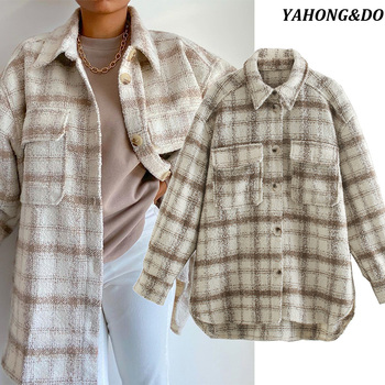 Płaszcz kobiecy jesienno-zimowy Khaki Tweed w kratę, dorywczy, ciepły, z kieszeniami - nowy, modny