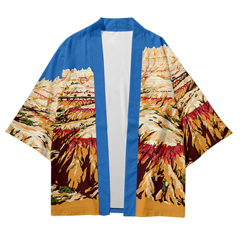 Męskie japońskie Kimono tradycyjne z górskim wzorem - cienka, luźna kurtka kardigan