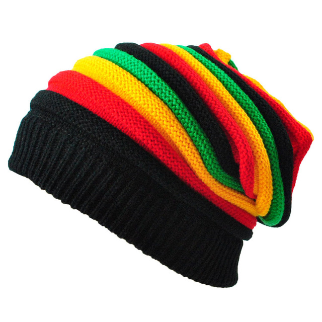 Zimowe czapki Unisex Jamaica Slouch z tęczowymi paskami i ciepłą dzianiną Beret Reggae workowata - tanie ubrania i akcesoria
