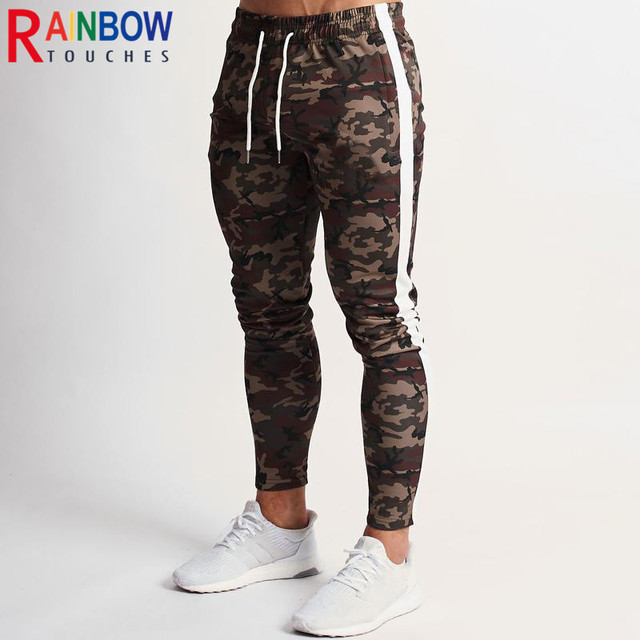 Męskie legginsy Fitness Rainbowtouchs - szybkie suszenie, łączenie boczne, duża kieszeń, kamuflaż - tanie ubrania i akcesoria