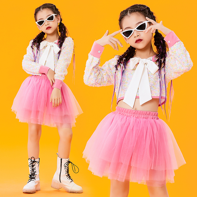 Różowe cekinowe kostiumy Hip-Hop dla dziewczyn na wybieg modelki, cheerleaderki, jazzowe przedstawienia taneczne - DN10257 - tanie ubrania i akcesoria