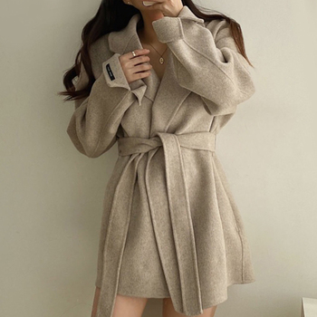 Wełniana kurtka dla kobiet 2021, koreański styl Viintage, jesienne ubranie, wysoka talia, zsuwane rękawy, kołnierz ze skręconą stójką