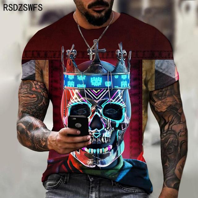 Męska koszulka z nadrukiem czaszki z koroną 3D - krótki rękaw, wokół szyi - 5XL - tanie ubrania i akcesoria