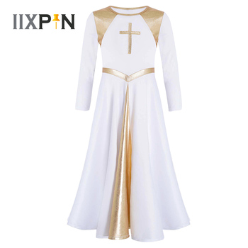 Długa sukienka dla dziewczynki do tańca liturgicznego, w kolorze metalicznego złota, z blokiem kolorów, luźnym krojem i pełną długością