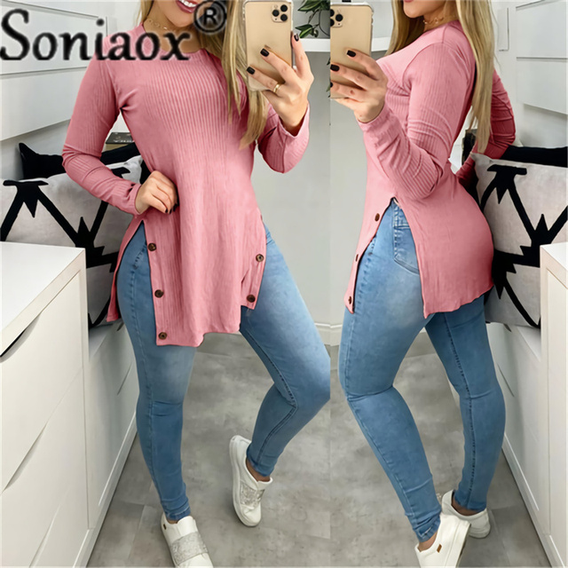 Luźny pulower damski z długim rękawem, jednolity kolor, wokół szyi, rozcięcie przycisk, modny styl na jesień 2021 Ladies Street T-Shirt - tanie ubrania i akcesoria