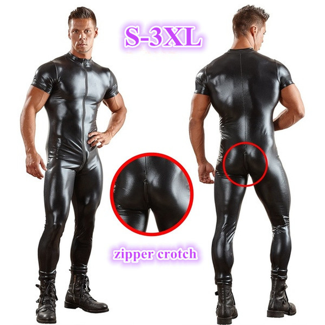 Skórzane body męskie – czarne, krótki rękaw, długie spodnie, lateksowe - tanie ubrania i akcesoria