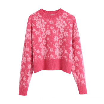 Sweter damski Vintage z żakardowym motywem kwiatowym - ciepły pulower z długim rękawem i luźnym krojem