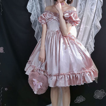 Bella Philosophy - sukienka Vintage księżniczka z falbanami i koronką, jedwabny satynowy materiał, różowa - 2021