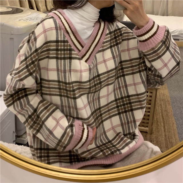Damski sweter z dekoltem typu V-neck - koreańska moda vintage, ponadgabarytowy streetwear - tanie ubrania i akcesoria