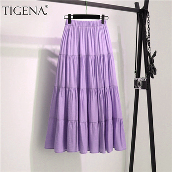 Długa plisowana spódnica TIGENA, wysoki stan, elastyczna linia, biała/fioletowa - lato 2021