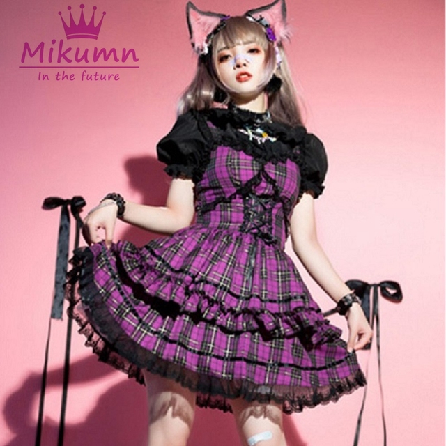 JSK sukienka Lolita Harajuku - fioletowy Plaid, bez rękawów, koronkowa, księżniczka, kobiety Kawaii, na imprezę Cosplay - tanie ubrania i akcesoria