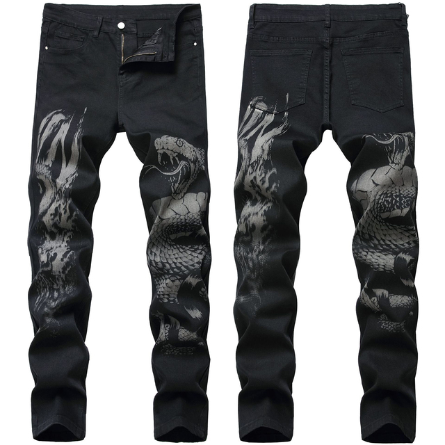 Luksusowe męskie czarne dżinsy slim stretch z wysoką jakością i modnym wzorem węża - tanie ubrania i akcesoria
