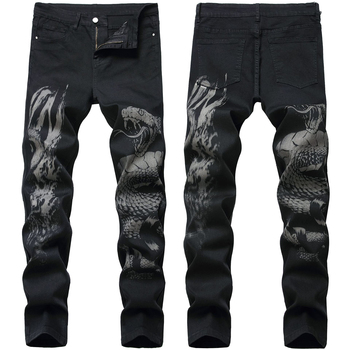 Luksusowe męskie czarne dżinsy slim stretch z wysoką jakością i modnym wzorem węża