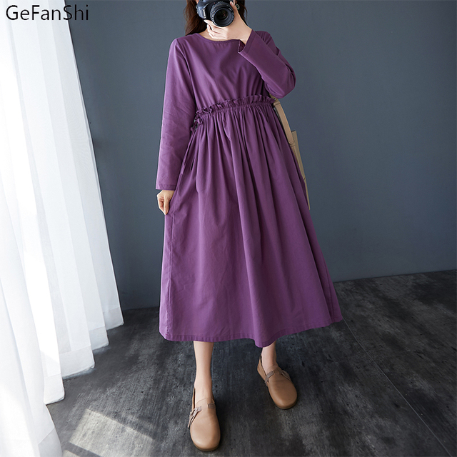 Sukienka casualowa damsko-jesienna z 2021 roku, solidna, wykonana z bawełnianego lnu, o klasycznym dekolcie O-Neck - tanie ubrania i akcesoria